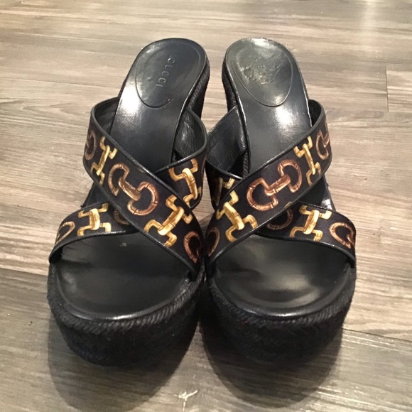 Gucci Bamboo Horsebit Pattern Black Wedges - 9 - Picture 2 of 7